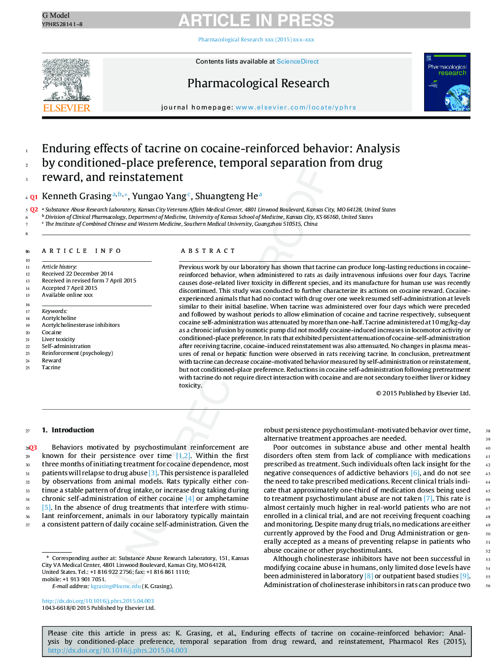 Enduring effects of tacrine on cocaine-reinforced behavior: Analysis by conditioned-place preference, temporal separation from drug reward, and reinstatement