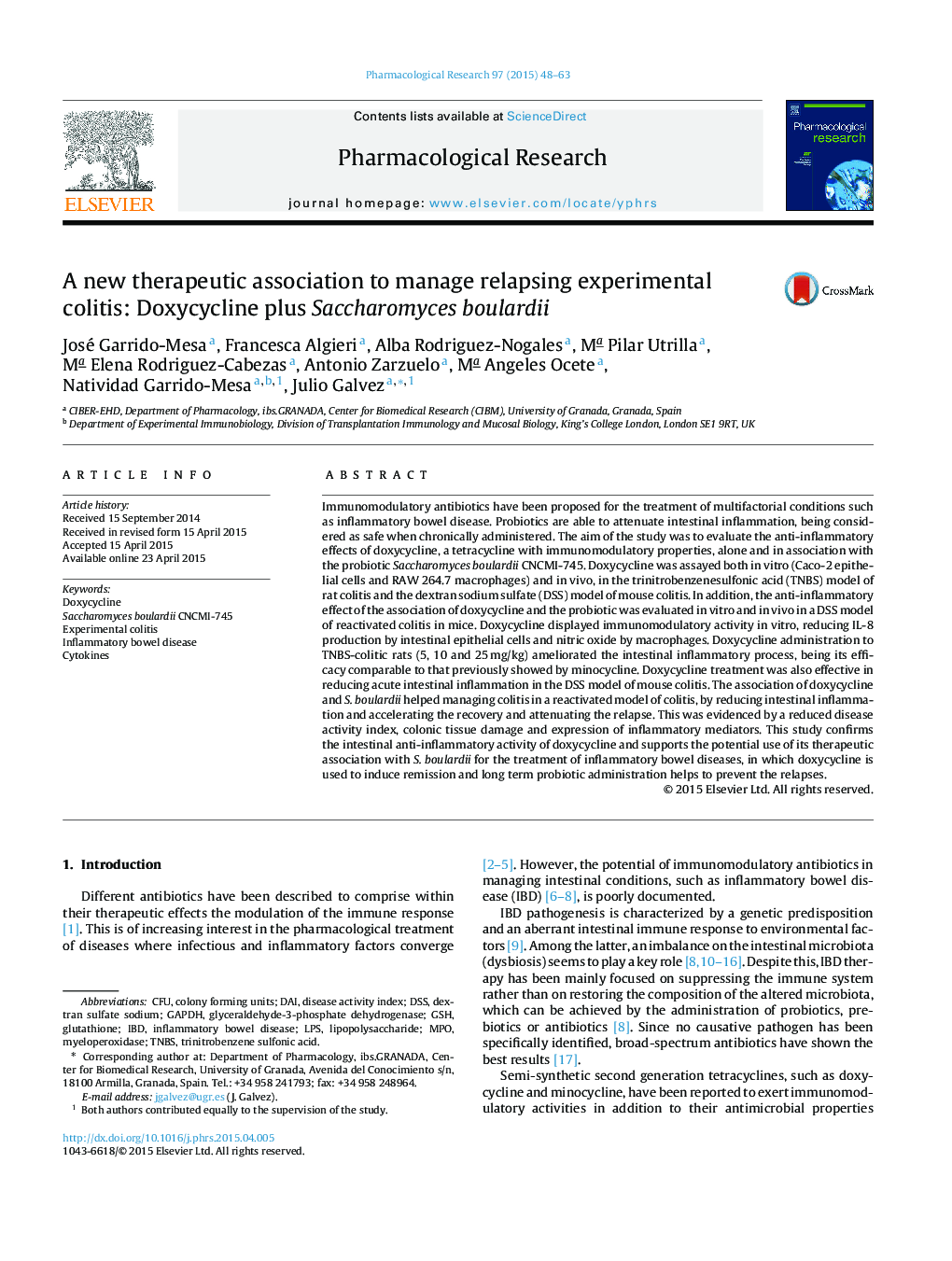 A new therapeutic association to manage relapsing experimental colitis: Doxycycline plus Saccharomyces boulardii