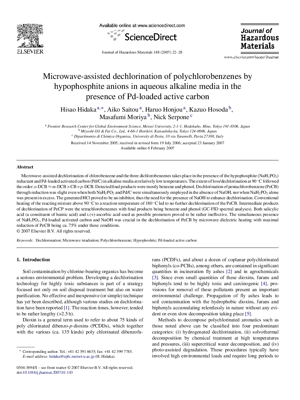 عکس صفحه اول مقاله: Microwave-assisted dechlorination of polychlorobenzenes by hypophosphite anions in aqueous alkaline media in the presence of Pd-loaded active carbon Microwave-assisted dechlorination of polychlorobenzenes by hypophosphite anions in aqueous alkaline media in the presence of Pd-loaded active carbon