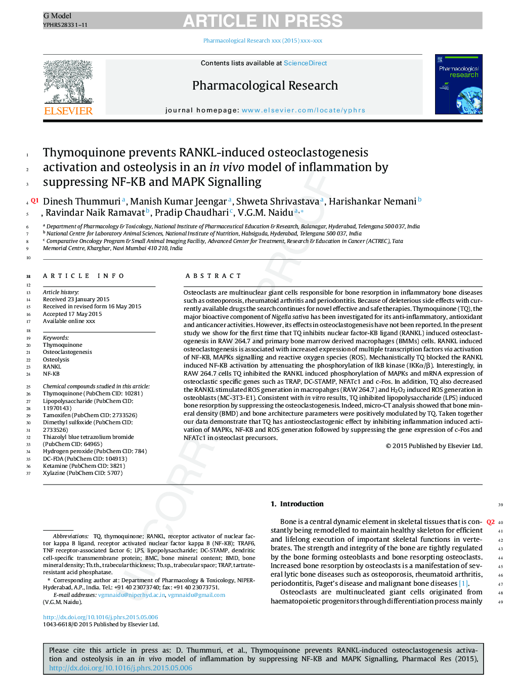 Thymoquinone prevents RANKL-induced osteoclastogenesis activation and osteolysis in an in vivo model of inflammation by suppressing NF-KB and MAPK Signalling