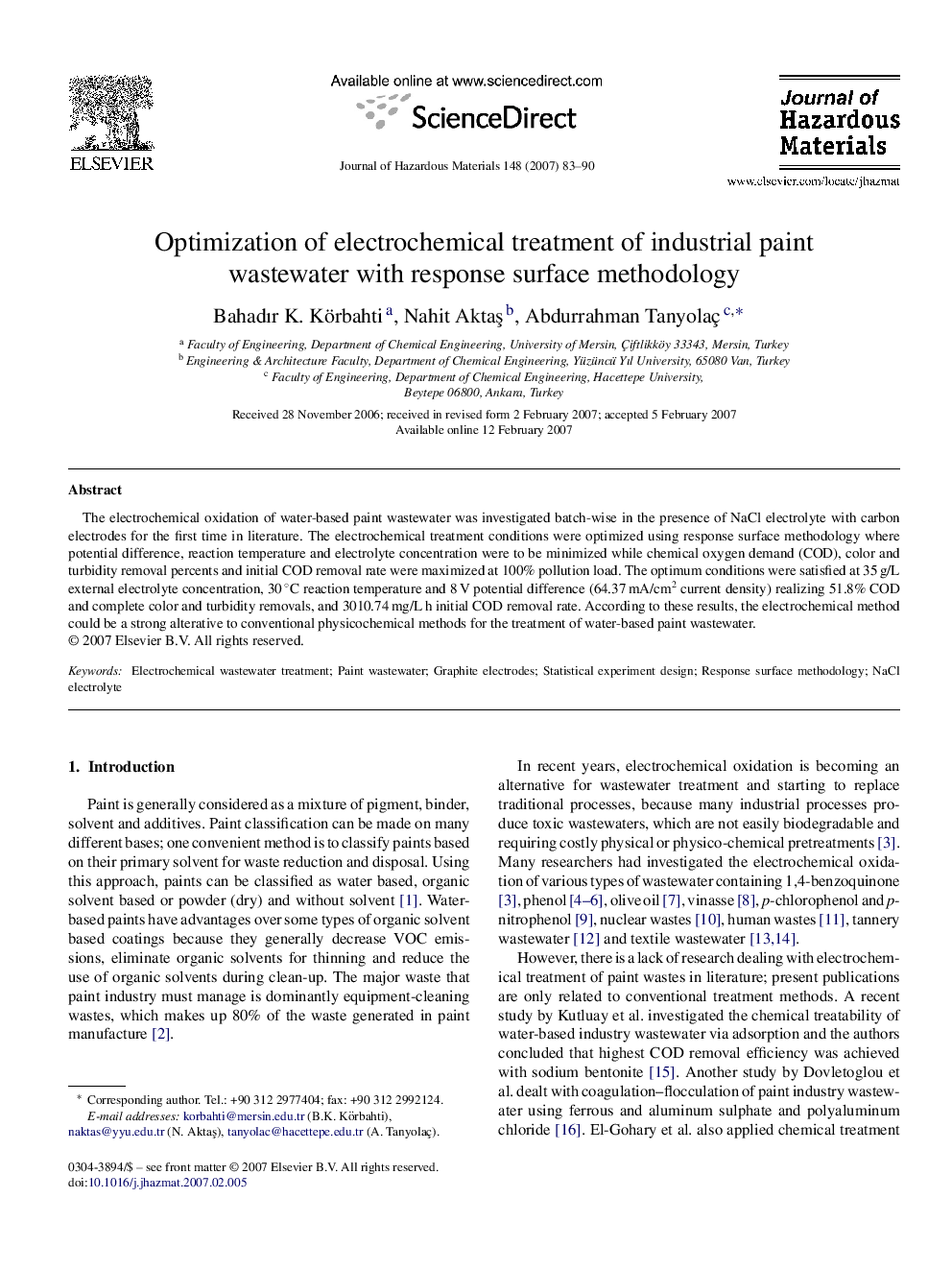 Optimization of electrochemical treatment of industrial paint wastewater with response surface methodology