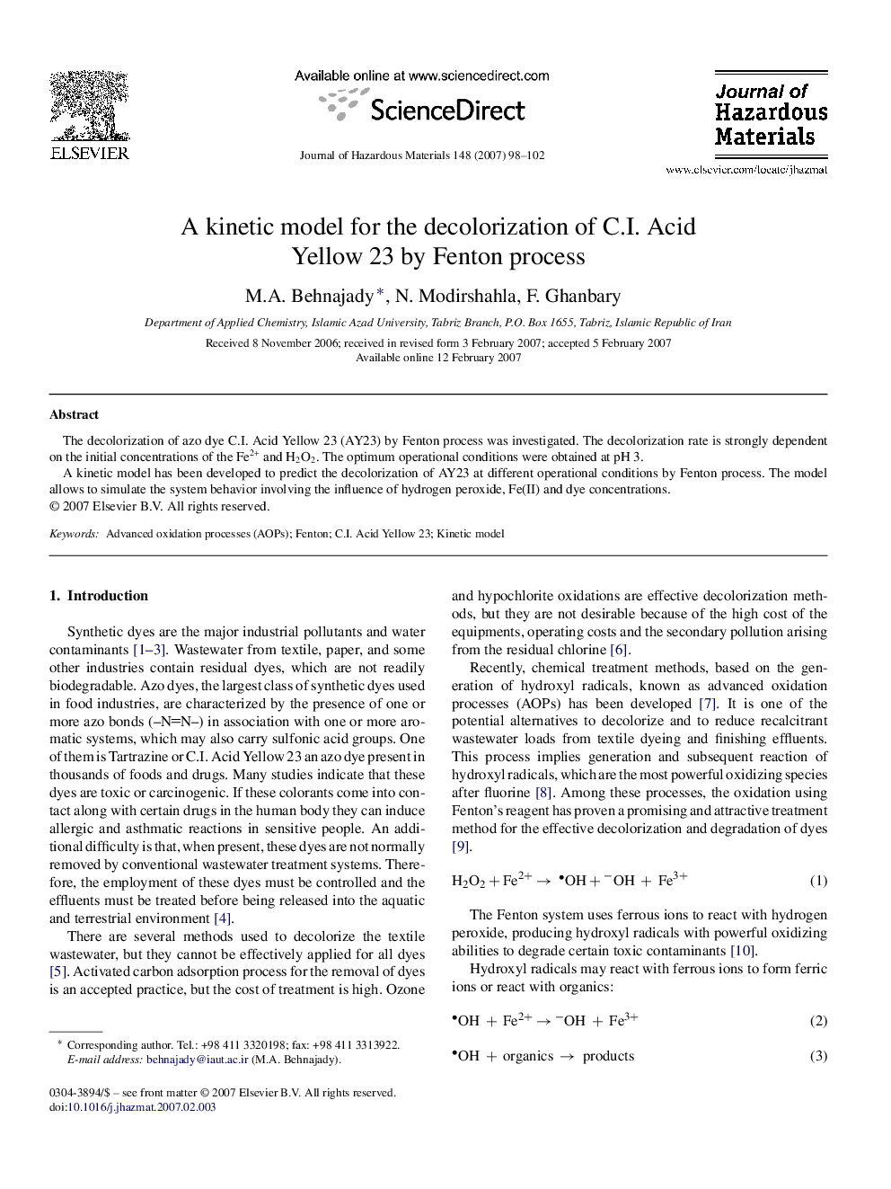 A kinetic model for the decolorization of C.I. Acid Yellow 23 by Fenton process