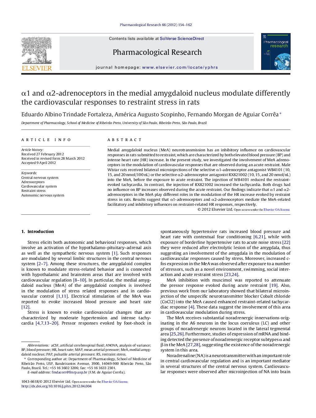 Î±1 and Î±2-adrenoceptors in the medial amygdaloid nucleus modulate differently the cardiovascular responses to restraint stress in rats