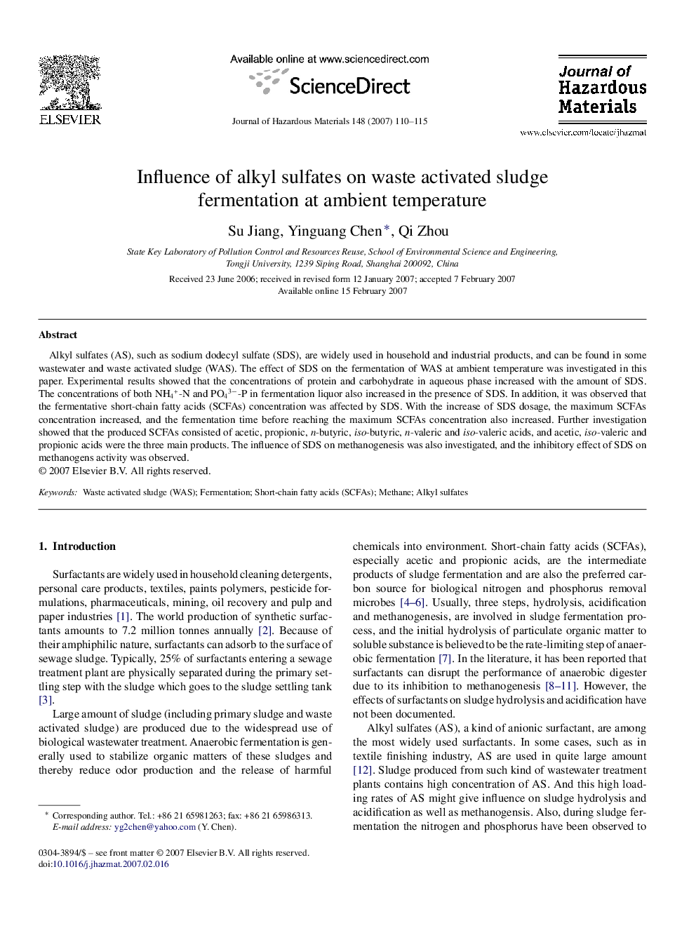 Influence of alkyl sulfates on waste activated sludge fermentation at ambient temperature