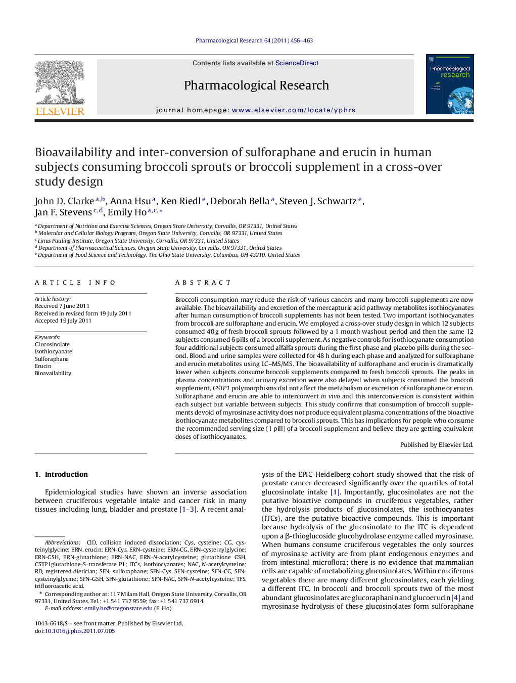 Bioavailability and inter-conversion of sulforaphane and erucin in human subjects consuming broccoli sprouts or broccoli supplement in a cross-over study design