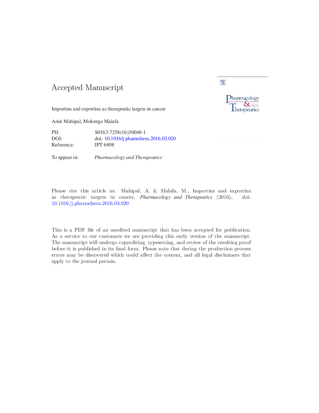 Importins and exportins as therapeutic targets in cancer