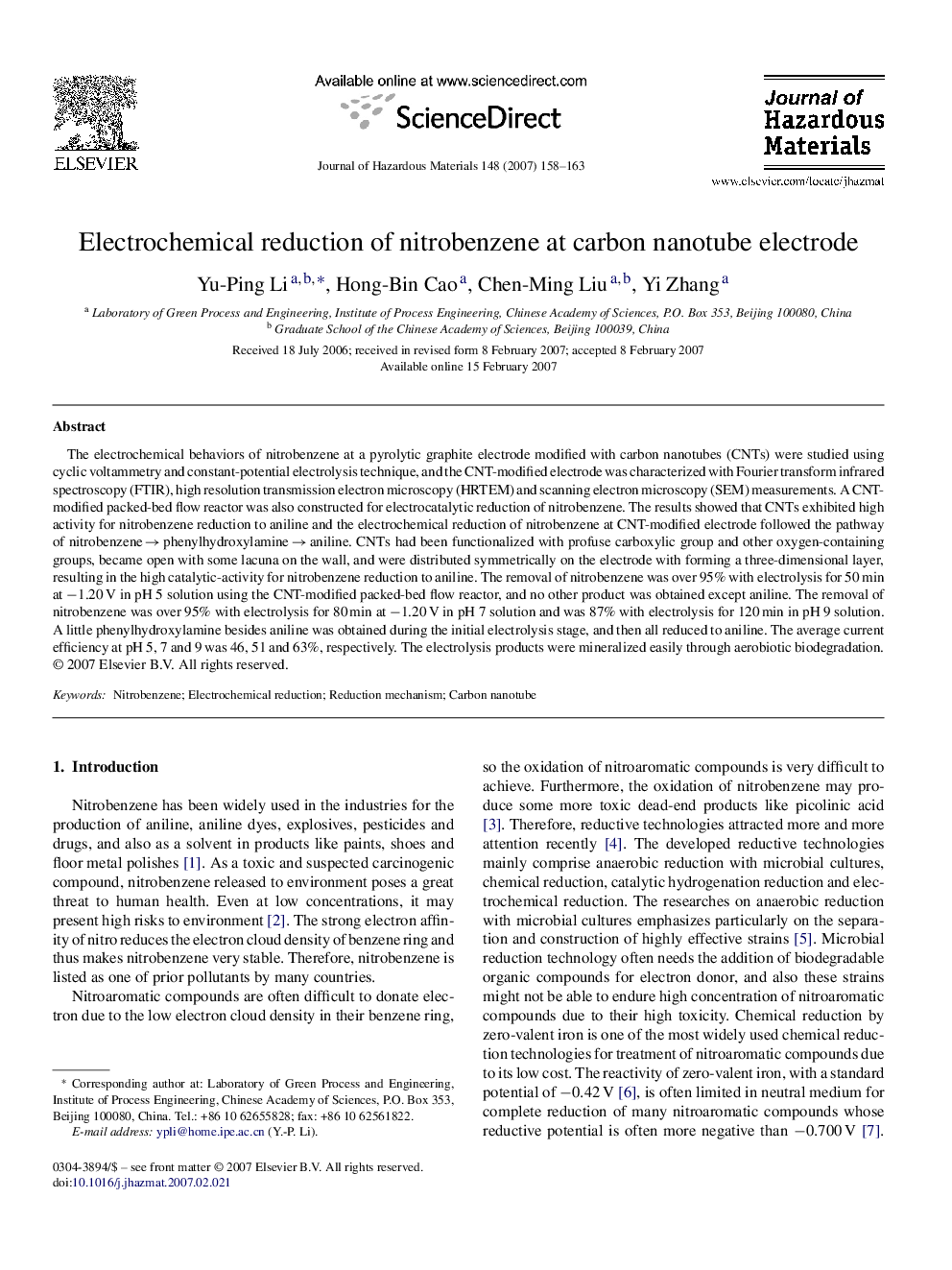 Electrochemical reduction of nitrobenzene at carbon nanotube electrode