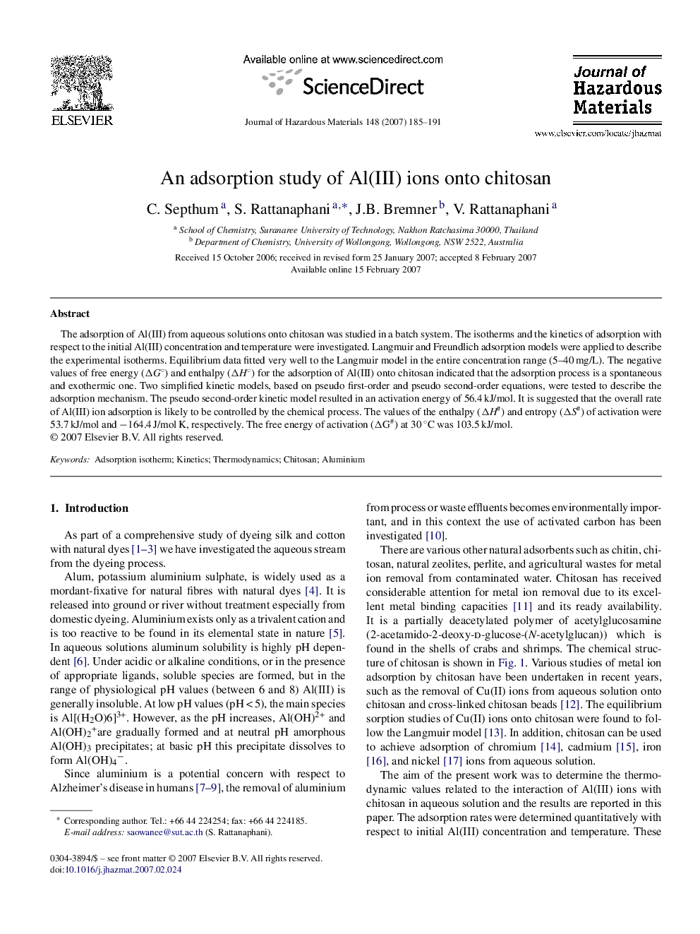 An adsorption study of Al(III) ions onto chitosan