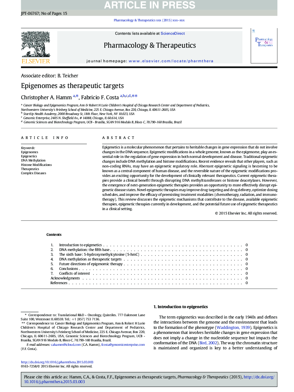 Epigenomes as therapeutic targets