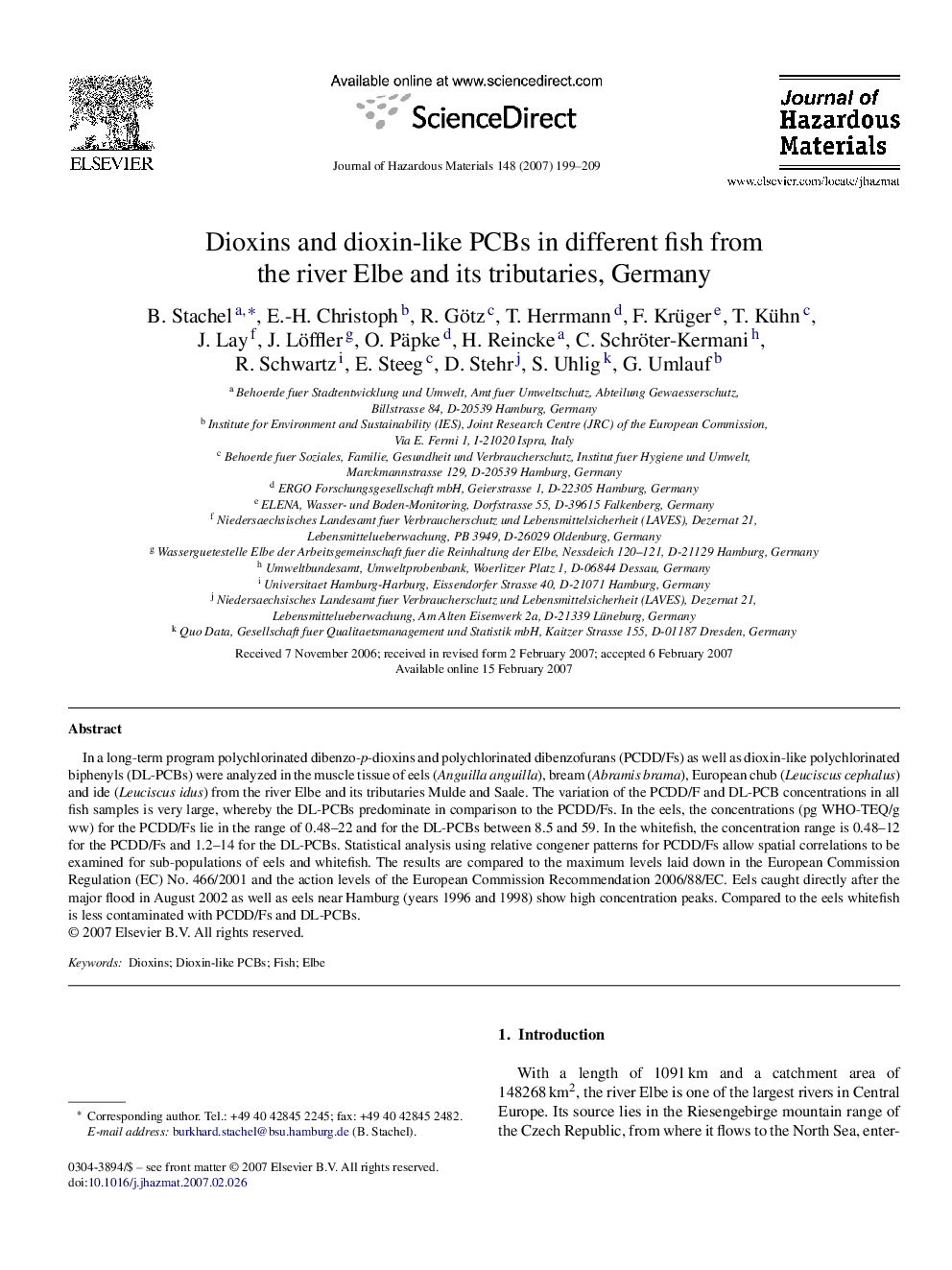 Dioxins and dioxin-like PCBs in different fish from the river Elbe and its tributaries, Germany