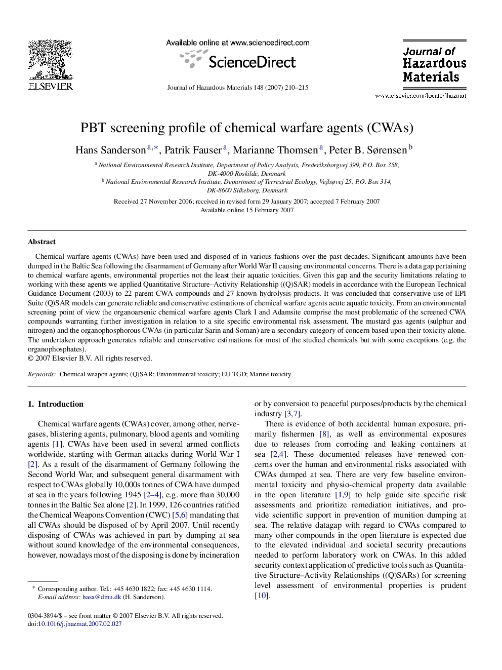 PBT screening profile of chemical warfare agents (CWAs)