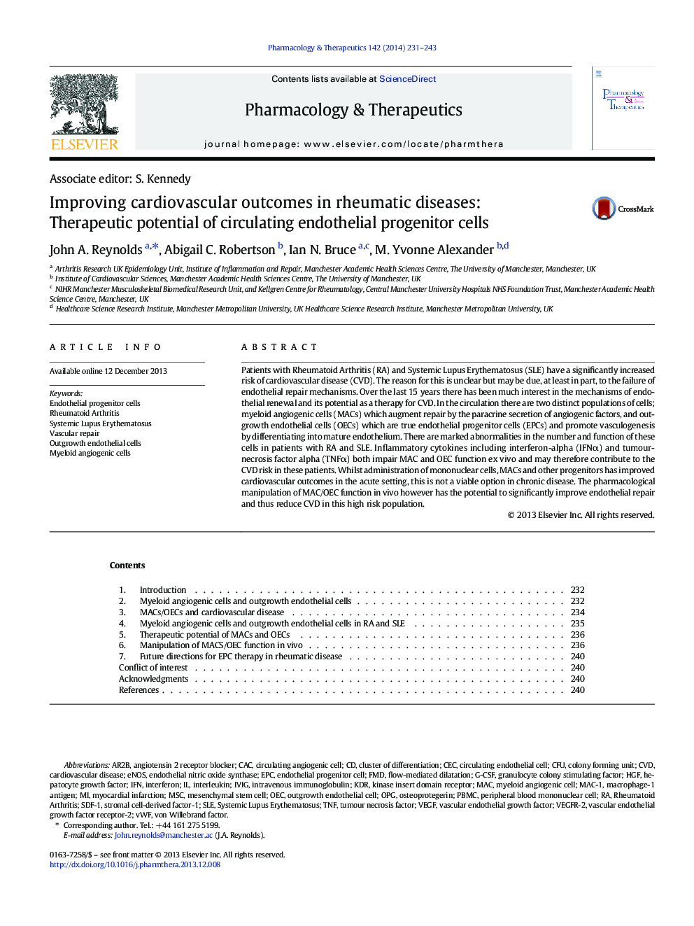 Associate editor: S. KennedyImproving cardiovascular outcomes in rheumatic diseases: Therapeutic potential of circulating endothelial progenitor cells