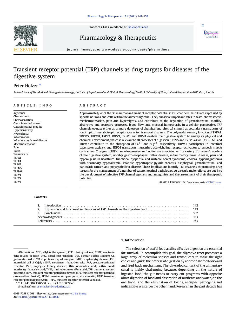 Transient receptor potential (TRP) channels as drug targets for diseases of the digestive system