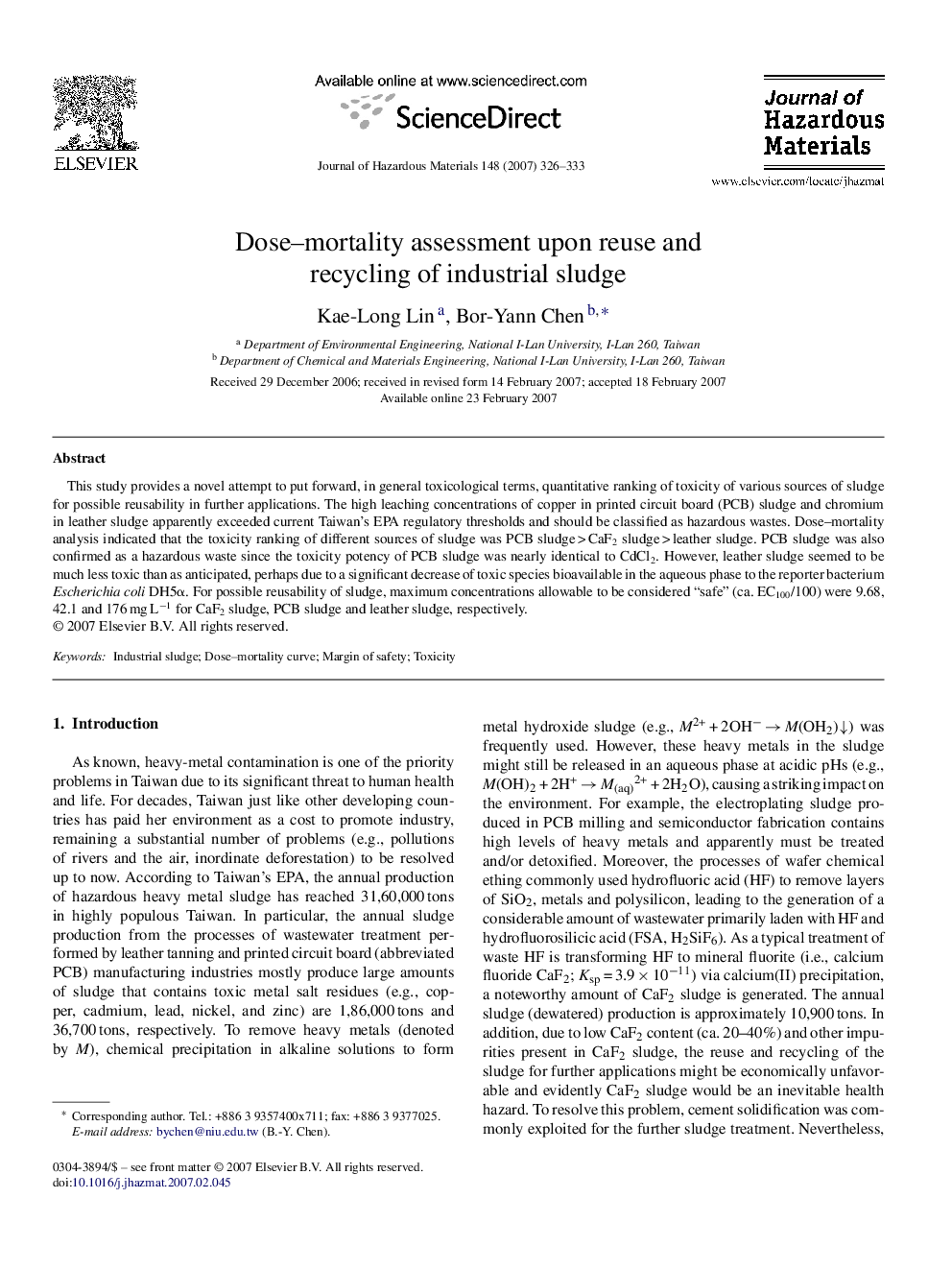 Dose-mortality assessment upon reuse and recycling of industrial sludge