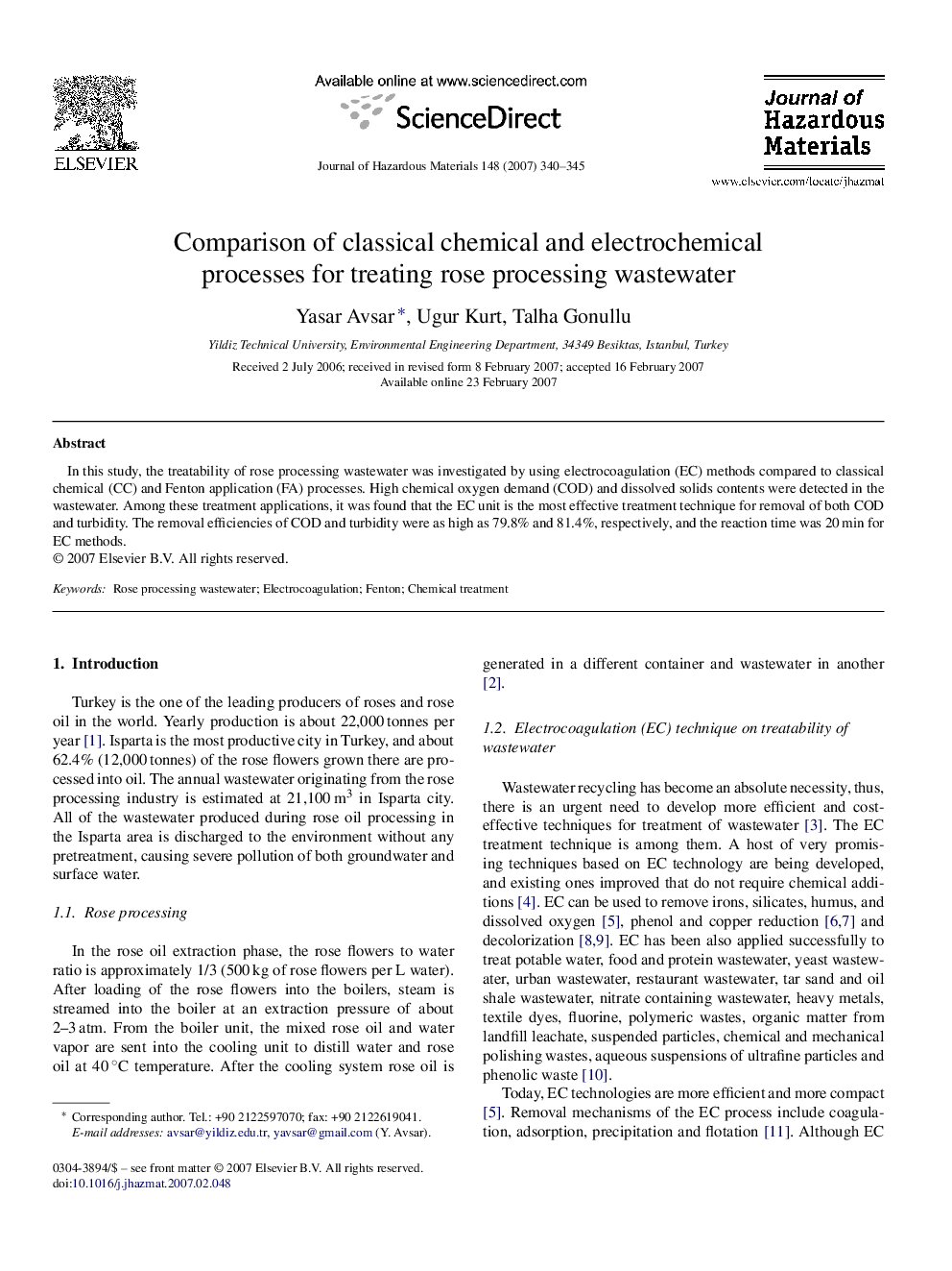 عکس صفحه اول مقاله: Comparison of classical chemical and electrochemical processes for treating rose processing wastewater Comparison of classical chemical and electrochemical processes for treating rose processing wastewater