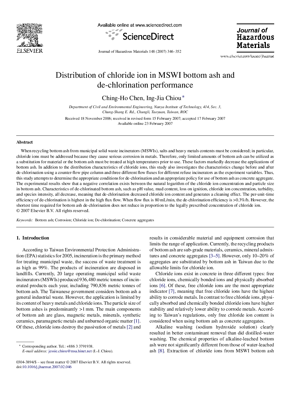 Distribution of chloride ion in MSWI bottom ash and de-chlorination performance