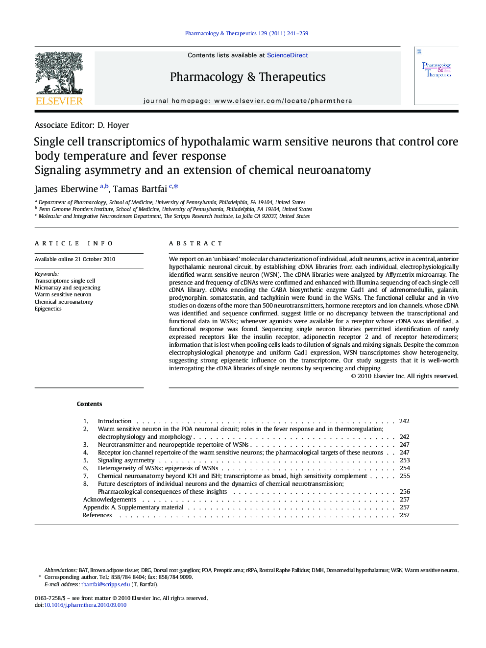 Single cell transcriptomics of hypothalamic warm sensitive neurons that control core body temperature and fever response