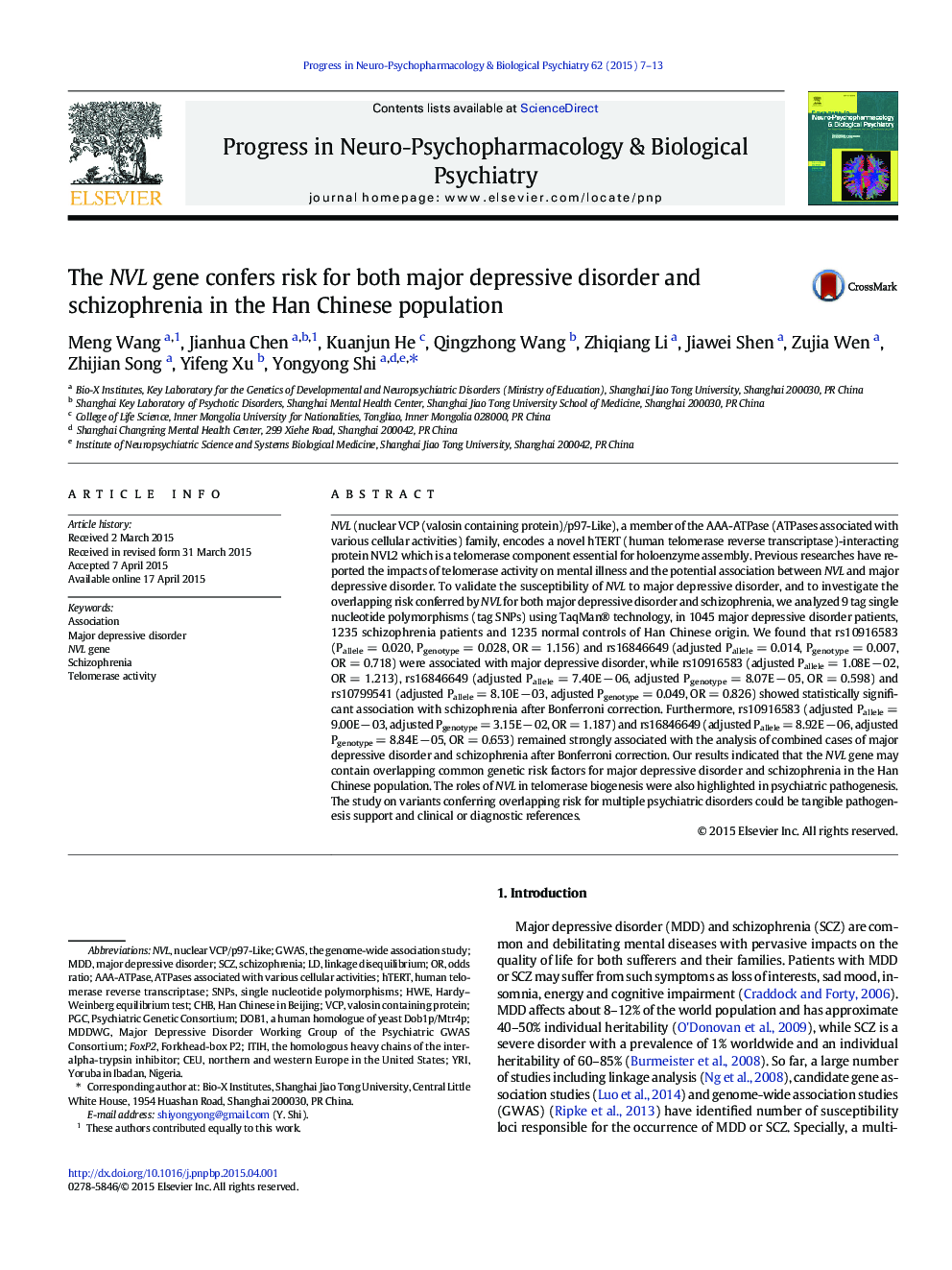 The NVL gene confers risk for both major depressive disorder and schizophrenia in the Han Chinese population