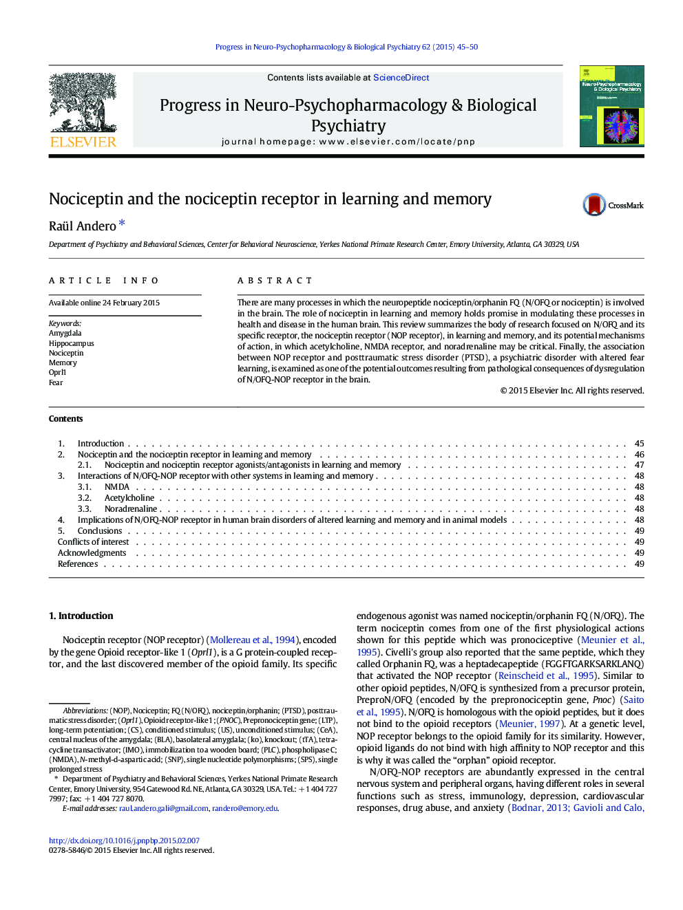 Nociceptin and the nociceptin receptor in learning and memory