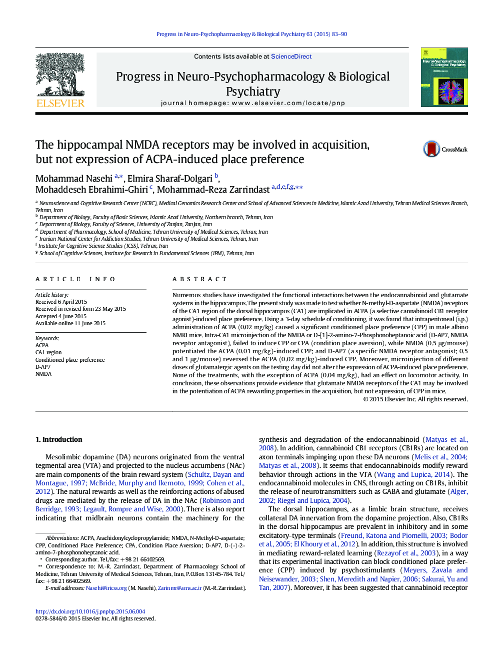 The hippocampal NMDA receptors may be involved in acquisition, but not expression of ACPA-induced place preference