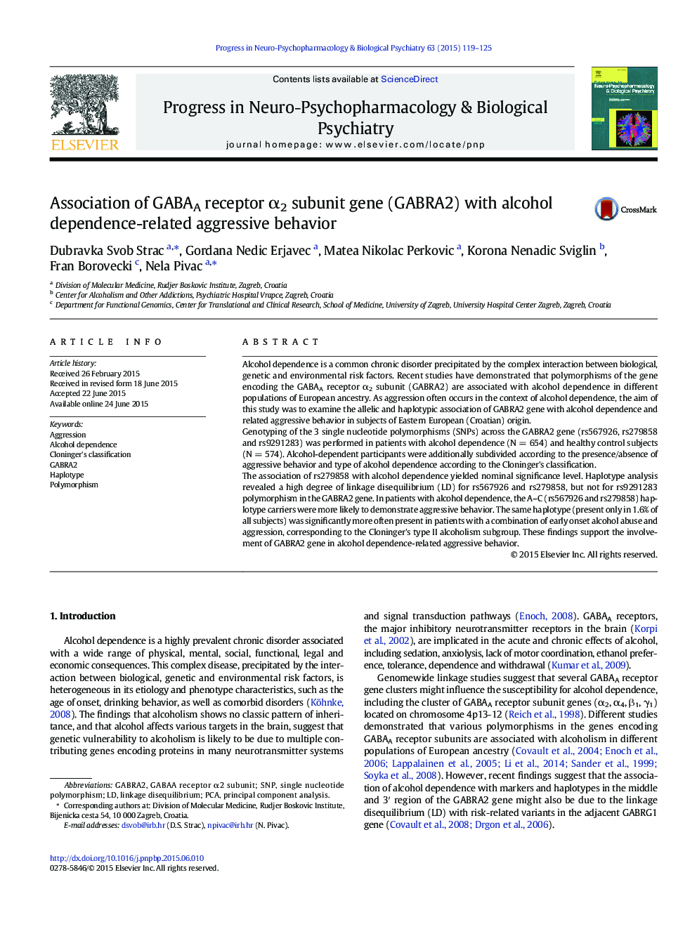 عکس صفحه اول مقاله: Association of GABAA receptor α2 subunit gene (GABRA2) with alcohol dependence-related aggressive behavior Association of GABAA receptor α2 subunit gene (GABRA2) with alcohol dependence-related aggressive behavior