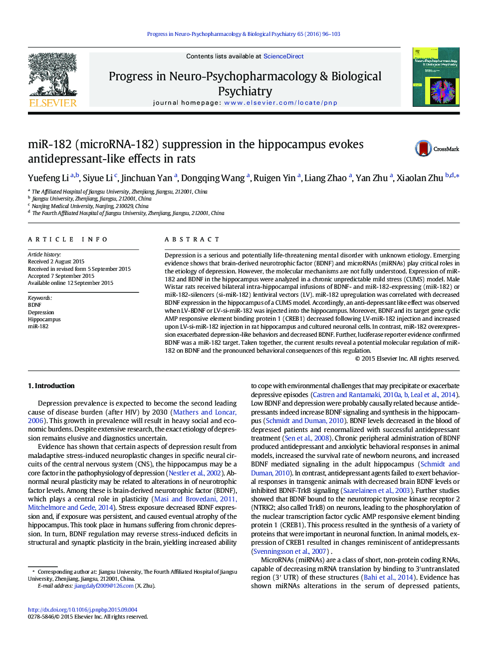 miR-182 (microRNA-182) suppression in the hippocampus evokes antidepressant-like effects in rats