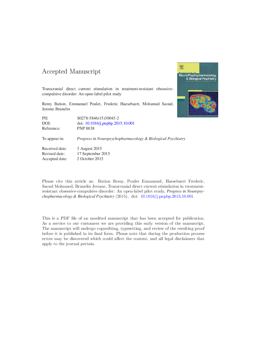 Transcranial direct current stimulation in treatment-resistant obsessive-compulsive disorder: An open-label pilot study