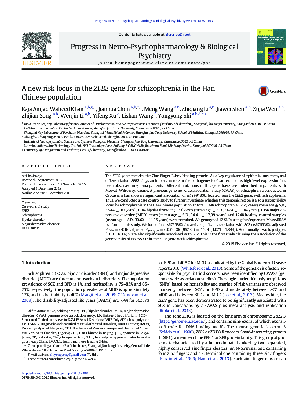 A new risk locus in the ZEB2 gene for schizophrenia in the Han Chinese population