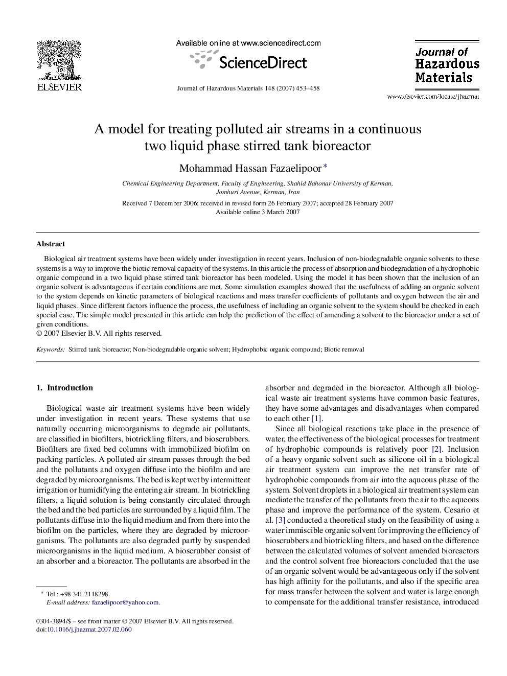 A model for treating polluted air streams in a continuous two liquid phase stirred tank bioreactor