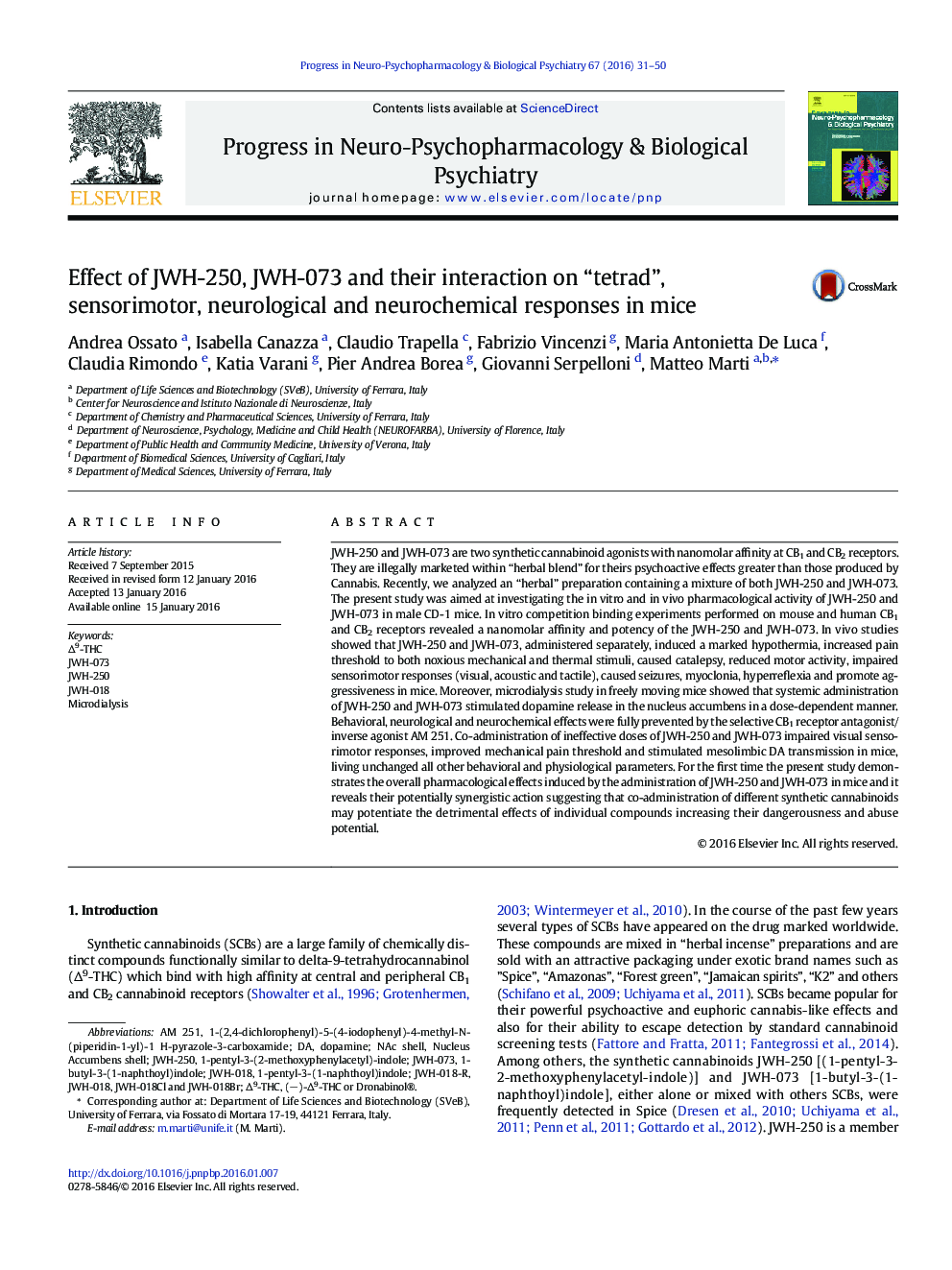 Effect of JWH-250, JWH-073 and their interaction on “tetrad”, sensorimotor, neurological and neurochemical responses in mice