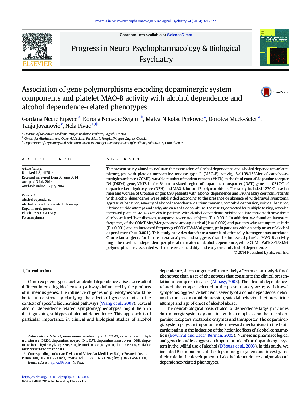 Association of gene polymorphisms encoding dopaminergic system components and platelet MAO-B activity with alcohol dependence and alcohol dependence-related phenotypes