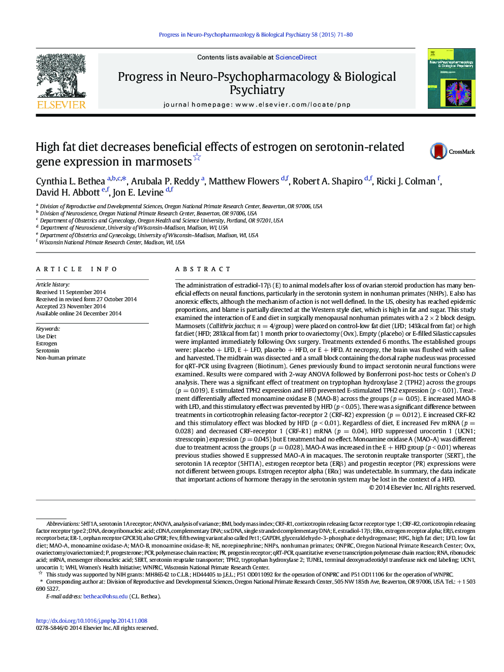 High fat diet decreases beneficial effects of estrogen on serotonin-related gene expression in marmosets