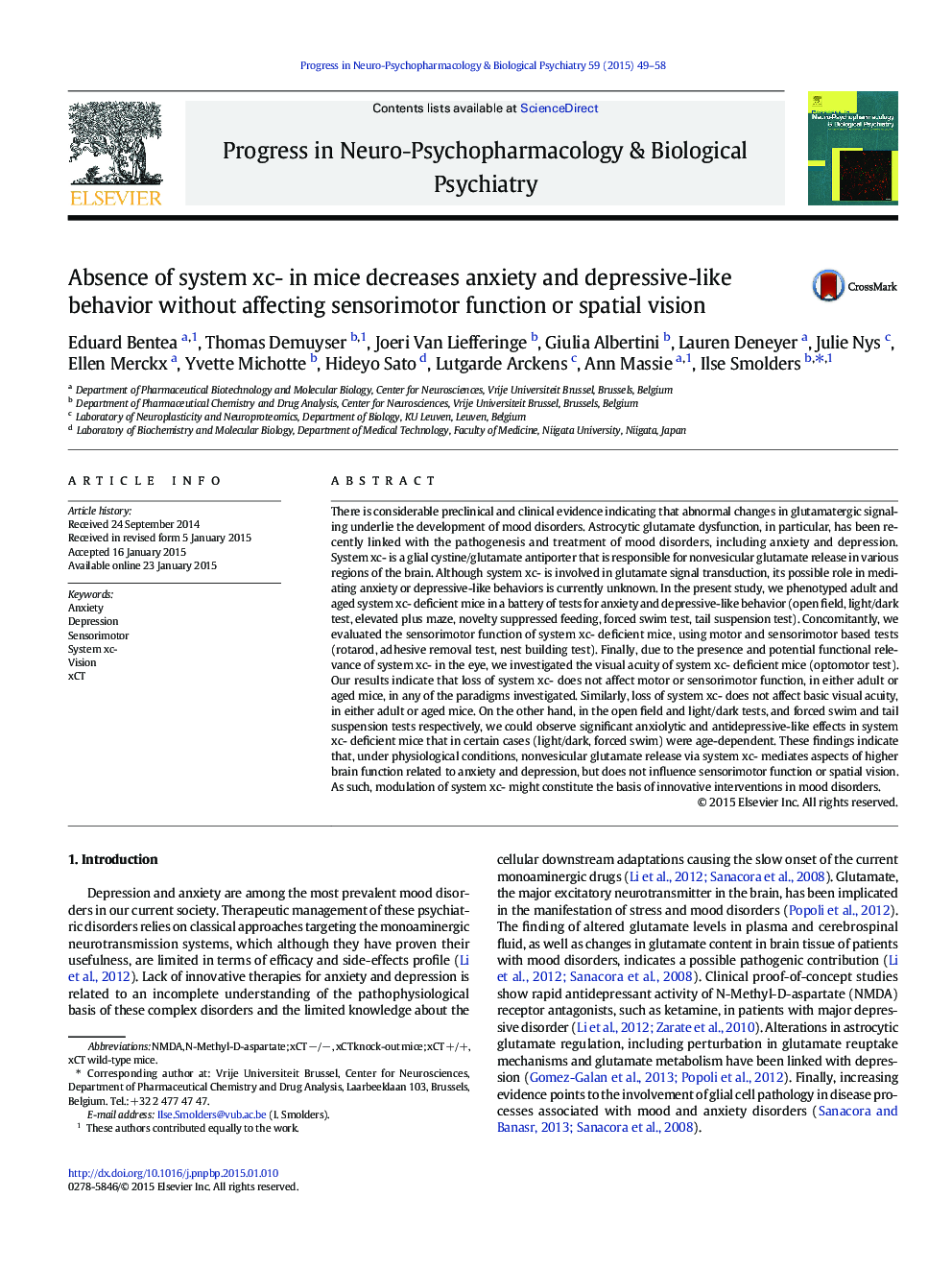 Absence of system xc- in mice decreases anxiety and depressive-like behavior without affecting sensorimotor function or spatial vision