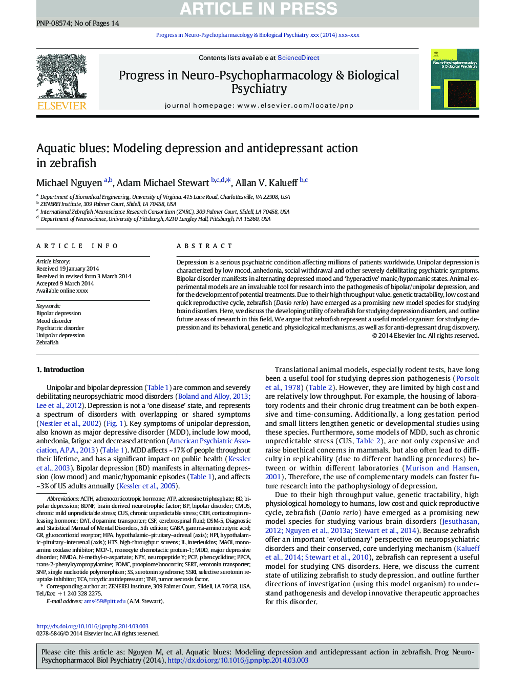 Aquatic blues: Modeling depression and antidepressant action in zebrafish