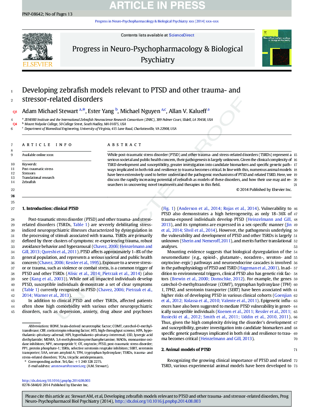 Developing zebrafish models relevant to PTSD and other trauma- and stressor-related disorders