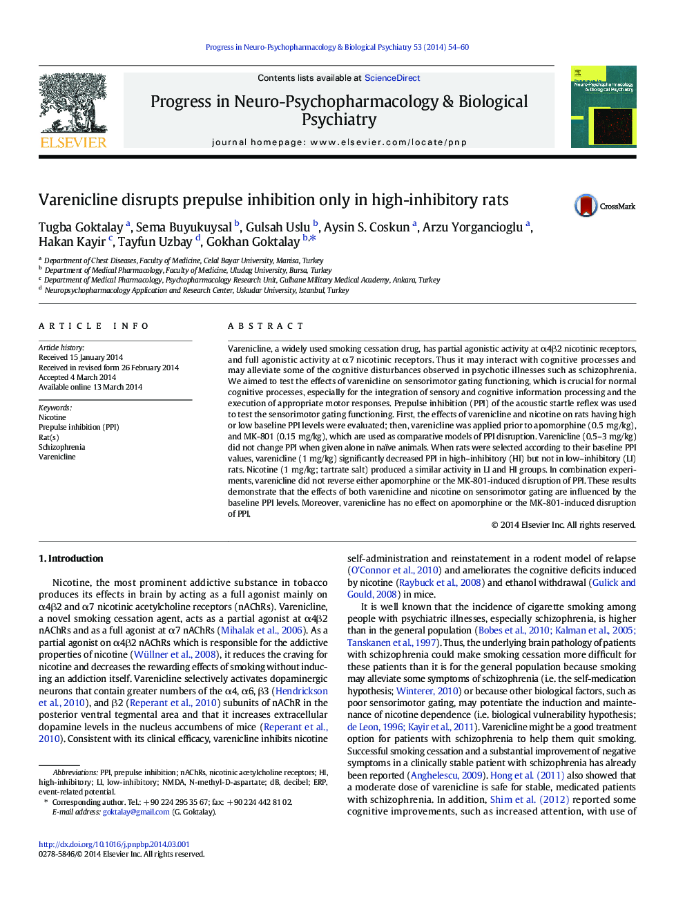 Varenicline disrupts prepulse inhibition only in high-inhibitory rats