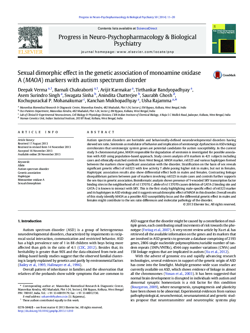 Sexual dimorphic effect in the genetic association of monoamine oxidase A (MAOA) markers with autism spectrum disorder