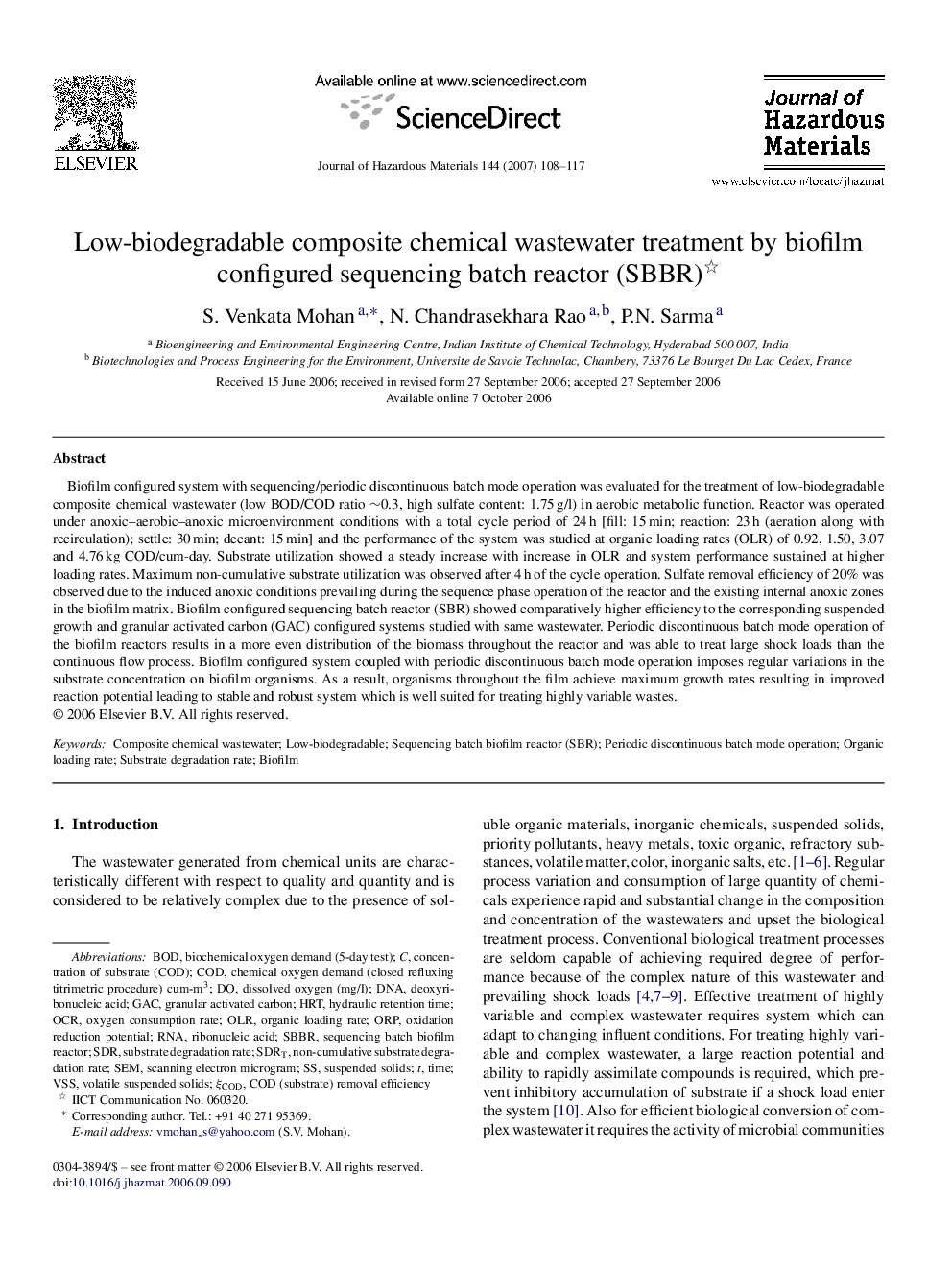 Low-biodegradable composite chemical wastewater treatment by biofilm configured sequencing batch reactor (SBBR)