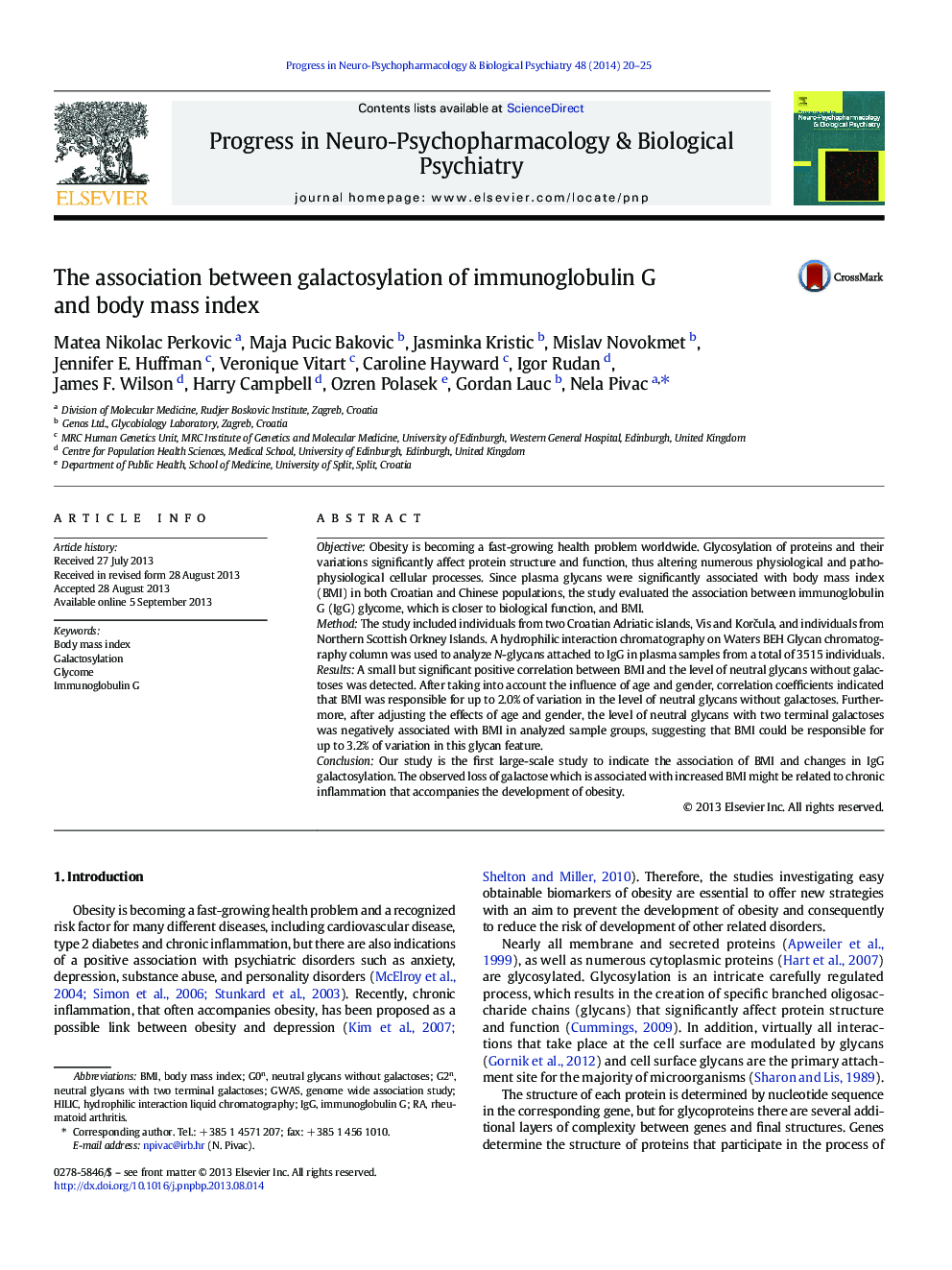 The association between galactosylation of immunoglobulin G and body mass index