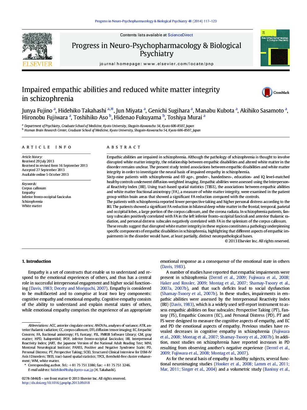 Impaired empathic abilities and reduced white matter integrity in schizophrenia