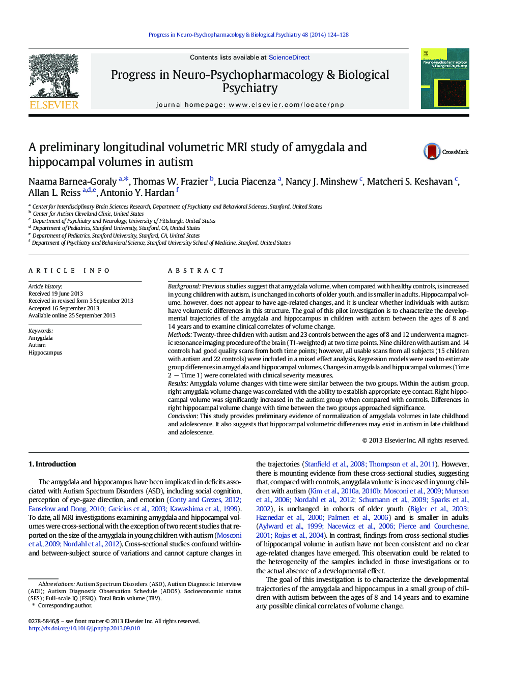 A preliminary longitudinal volumetric MRI study of amygdala and hippocampal volumes in autism