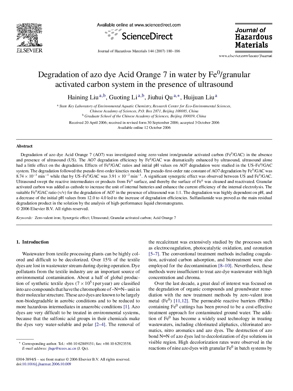 Degradation of azo dye Acid Orange 7 in water by Fe0/granular activated carbon system in the presence of ultrasound