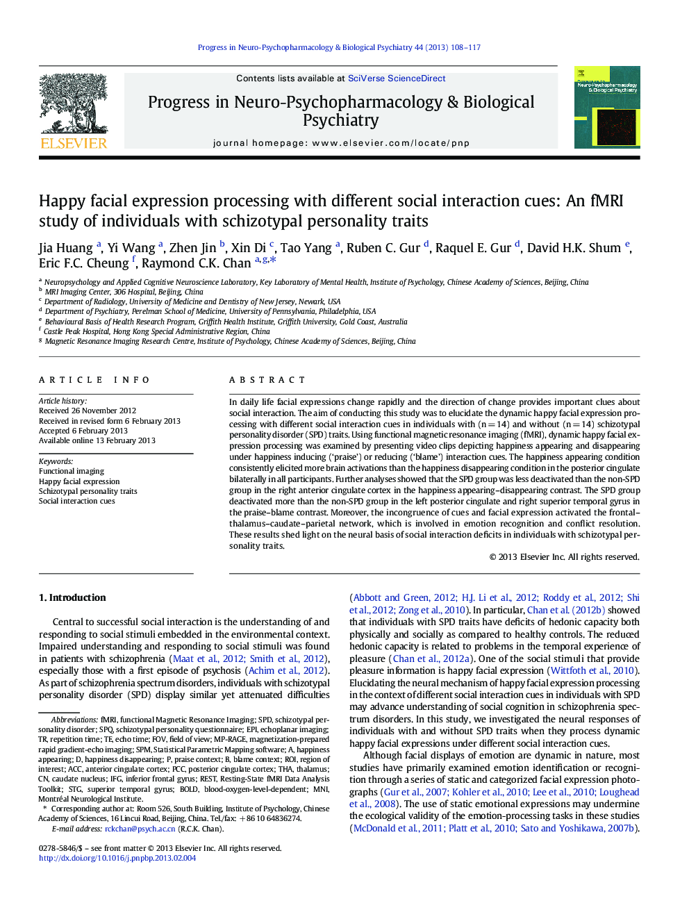 Happy facial expression processing with different social interaction cues: An fMRI study of individuals with schizotypal personality traits