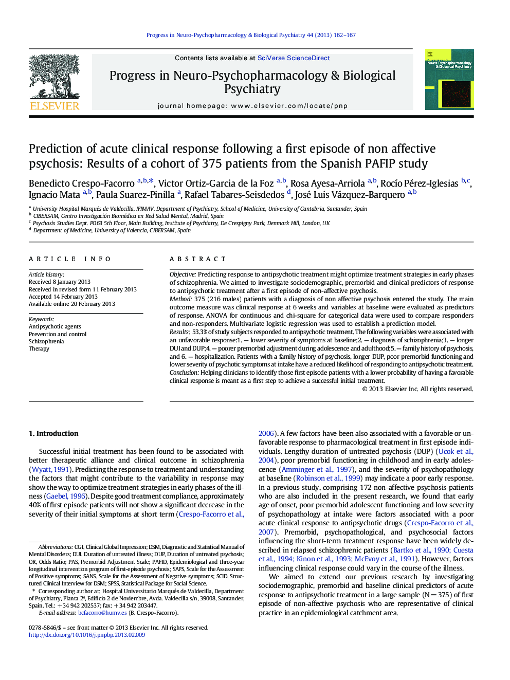 Prediction of acute clinical response following a first episode of non affective psychosis: Results of a cohort of 375 patients from the Spanish PAFIP study