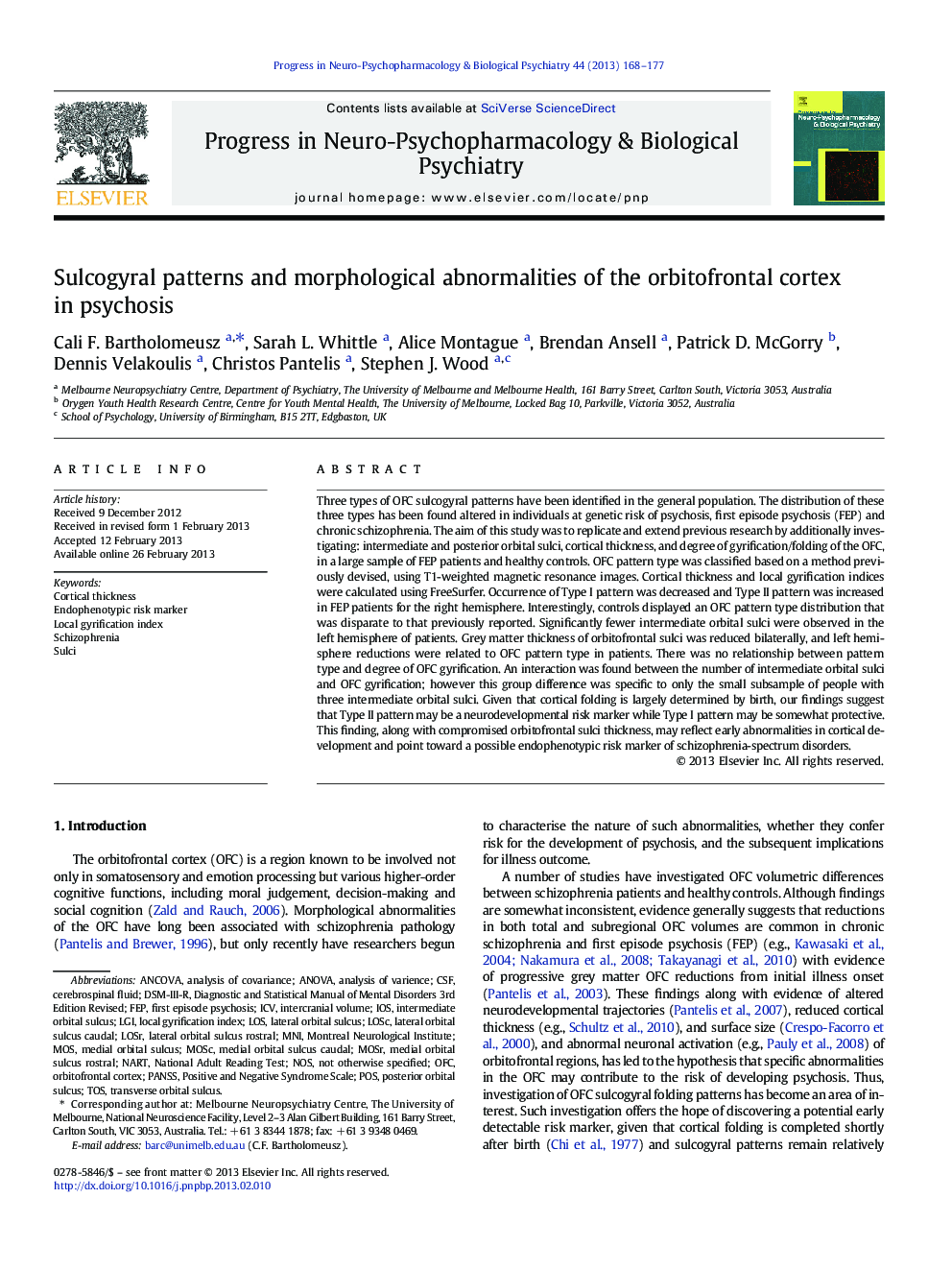 Sulcogyral patterns and morphological abnormalities of the orbitofrontal cortex in psychosis