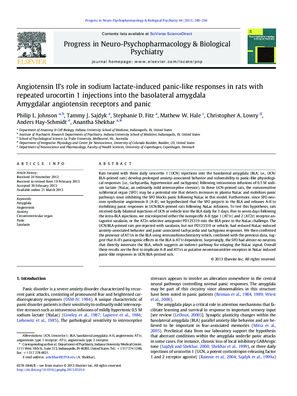 Angiotensin II's role in sodium lactate-induced panic-like responses in rats with repeated urocortin 1 injections into the basolateral amygdala: Amygdalar angiotensin receptors and panic