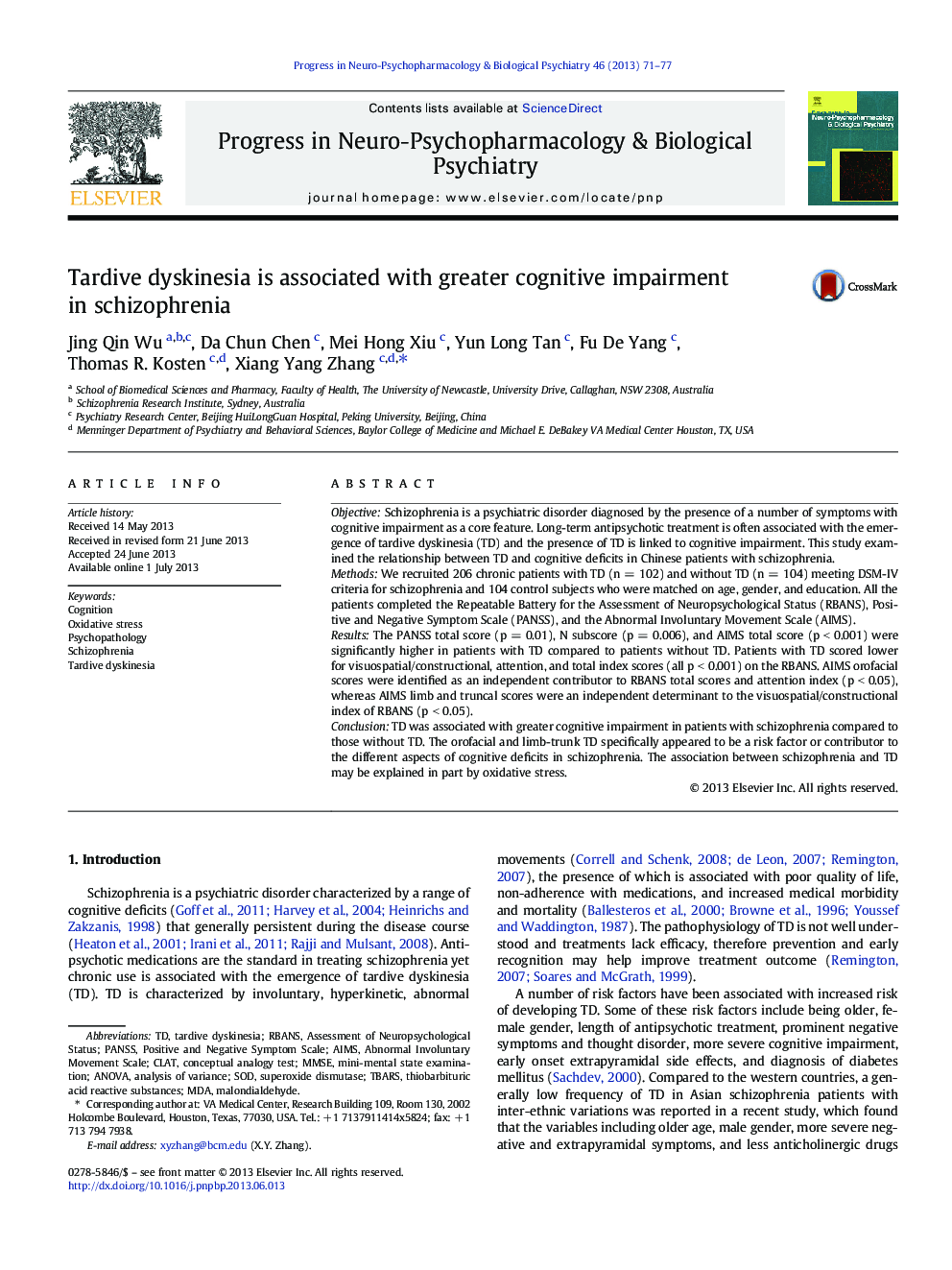 Tardive dyskinesia is associated with greater cognitive impairment in schizophrenia