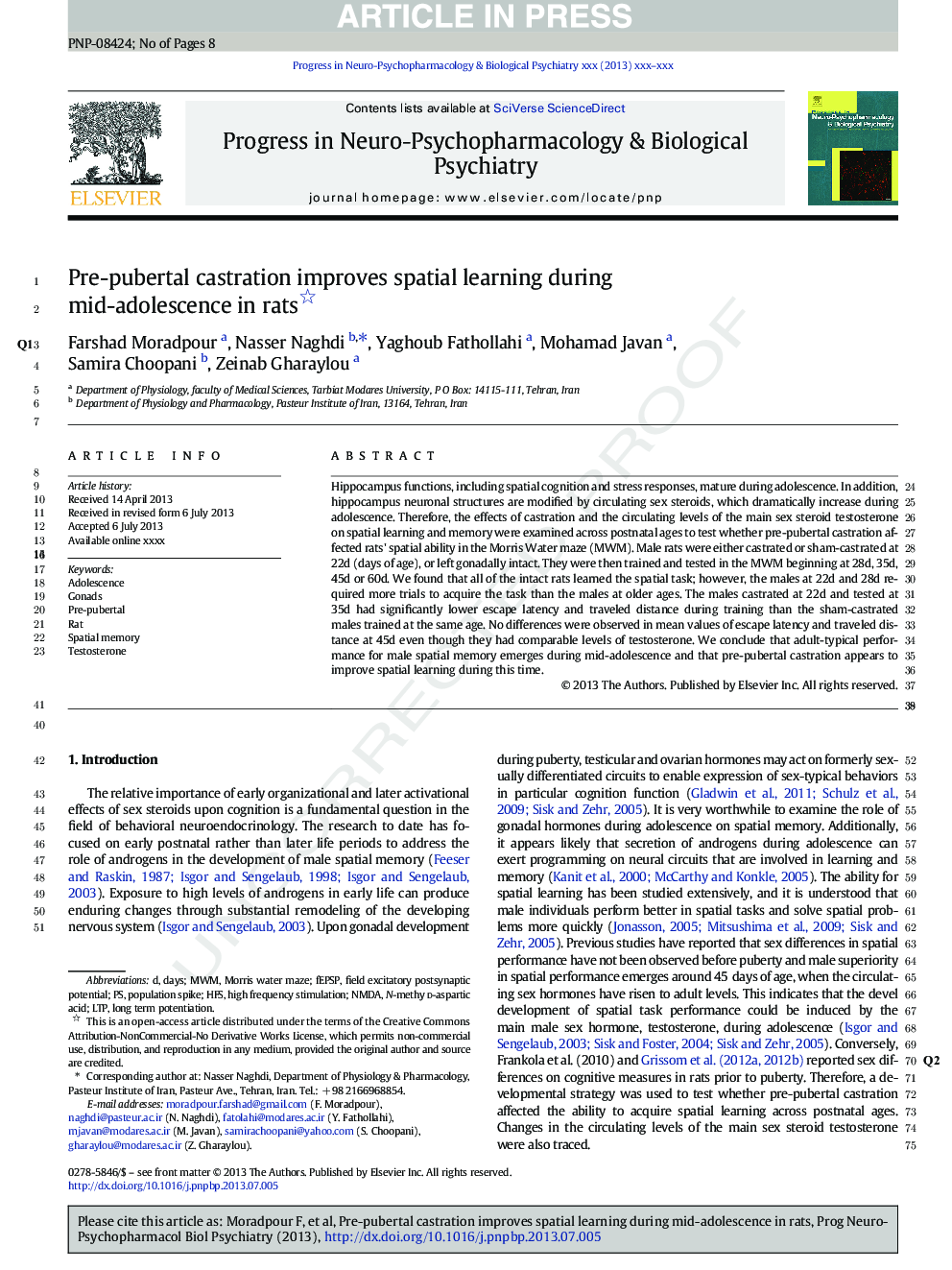 Pre-pubertal castration improves spatial learning during mid-adolescence in rats