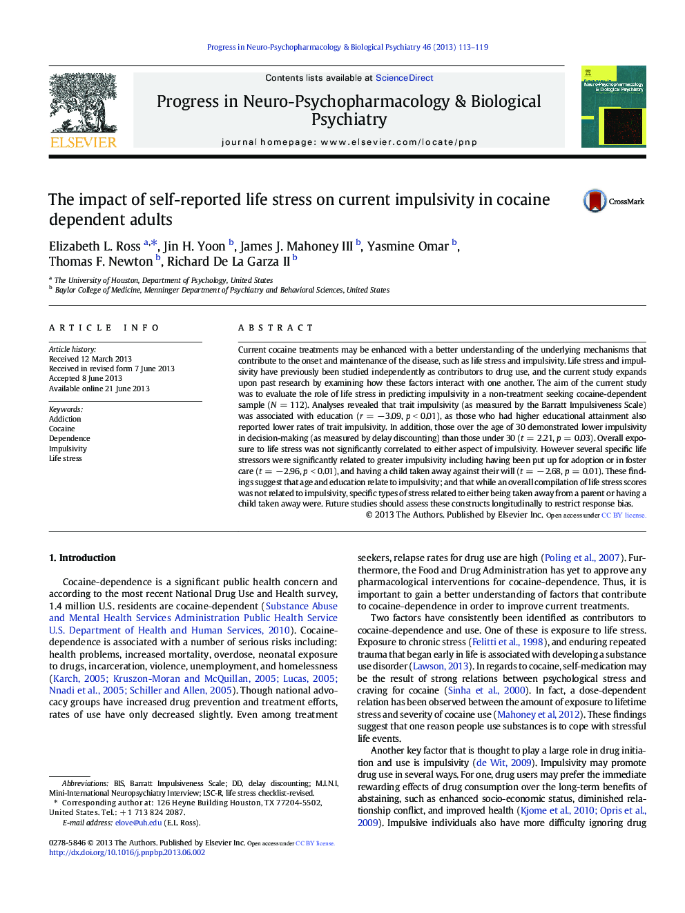 The impact of self-reported life stress on current impulsivity in cocaine dependent adults