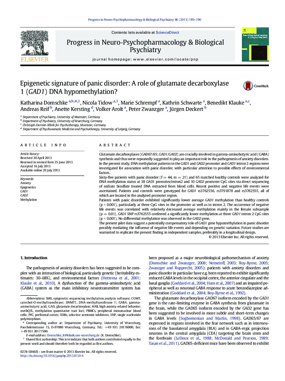 Epigenetic signature of panic disorder: A role of glutamate decarboxylase 1 (GAD1) DNA hypomethylation?